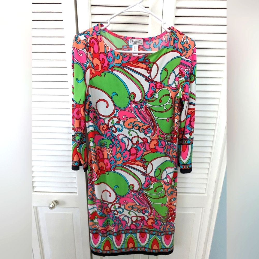 Maggy L Dress Women's sz 6 Multicolor Modern Retro Shift 70s Geometric 3/4 Slv